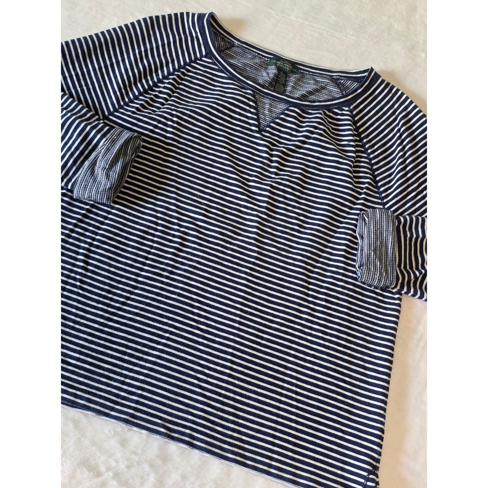 Lauren Ralph Lauren Vintage Navy Blue White Striped Raglan Long Sleeve Shirt L
